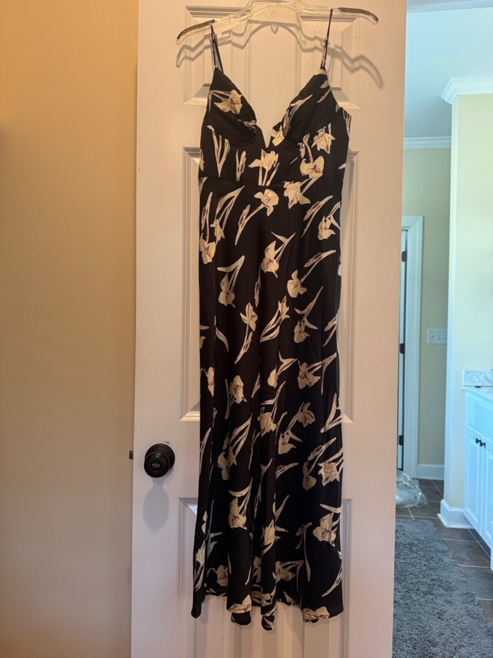 Selfie Leslie Black Slip Midi Dress with Cream Floral Print - Picture 2 of 3